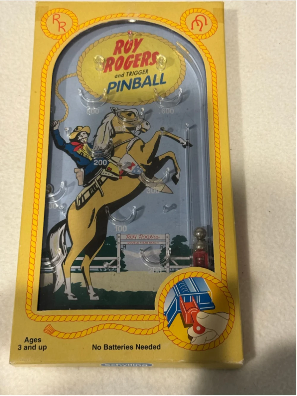 Vintage Schylling Roy Rogers & Trigger Pinball Game Original Package Yellow Blue